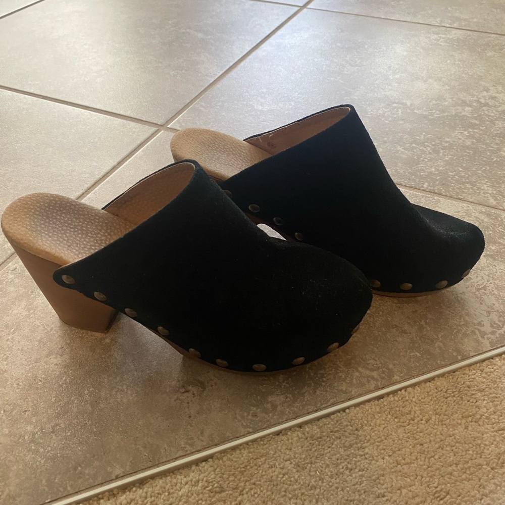 Free People Black Suede Mules with Wooden Heel